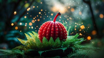 Red Fruit on Ferns with Bokeh Lights in Natural Setting photo
