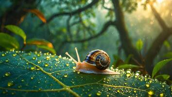Snail Crawling on Leaf with Water Droplets in Lush Forest photo