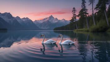Swans Swimming on Lake Reflecting Mountains at Dusk Peaceful Scene photo