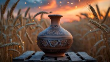 Earthenware Vase Displayed Among Wheat at Sunset on Wooden Surface photo