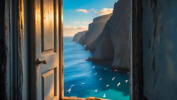 Open Door Overlooking Ocean with Birds and Cliffs at Sunrise photo
