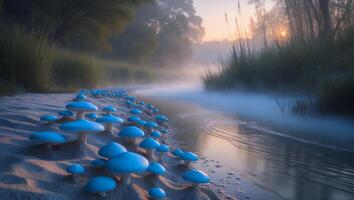 Blue Mushroom by River at Sunrise photo
