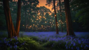 Enchanted Forest Path with Bluebells and Glowing Lights at Dusk photo