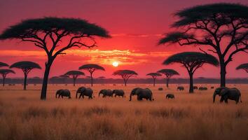 Elephant Herd Walking Through Savannah at Sunset with Acacia Trees photo