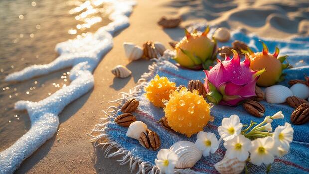 Dragon Fruit and Shells on a Beach Blanket photo