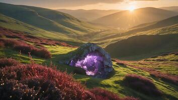 Glowing Cave in Rolling Hills at Sunset photo