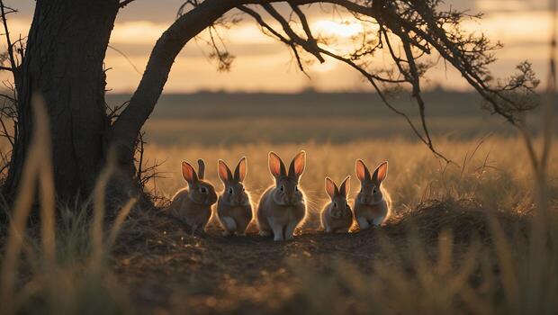 Rabbits Resting Under Tree at Sunset in Warm Golden Light photo