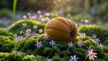 Physalis Fruit Lying on Moss with Dew and Tiny Purple Flowers photo