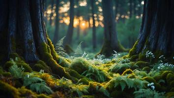 Mossy Forest Floor with Ferns and Sunlit Trees in Background photo