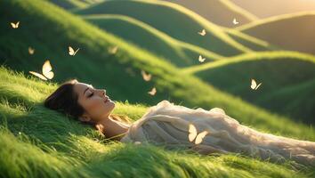 Woman Lying on Grass Surrounded by Butterflies in Rolling Hills photo