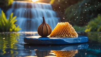 Fig and Honeycomb Still Life on Blue Stone Near Waterfall photo
