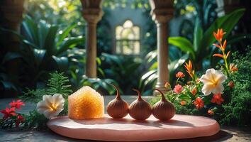 Arrangement of Honeycomb, Decorative Gourds and Flowers in Serene Setting photo