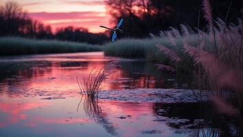 Dragonfly Flying Over Calm River at Sunset Reflecting Pink Sky photo