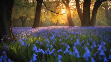 Bluebells Blooming in Woodland with Sunlight Shining Through the Trees photo