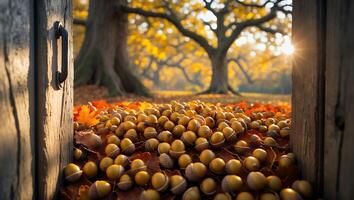 Acorns and Autumn Leaves Seen Through an Old Rustic Doorway photo