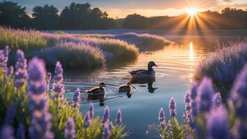 Ducks Swimming on Calm Lake at Sunset with Lavender Flowers photo