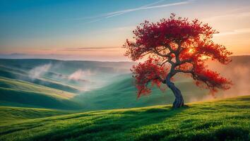 Lone Tree with Red Leaves on Green Hills at Golden Hour photo