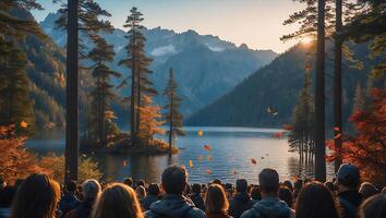 Crowd Gazing at Autumn Foliage Falling by a Serene Mountain Lake photo