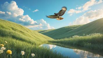 Hawk Flying Over Grassy Hills with Pond and Cloudy Blue Sky photo