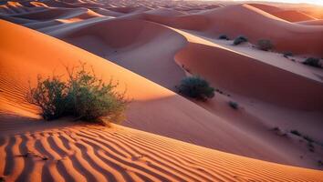 Sweeping Desert Dunes at Sunset with Sparse Vegetation and Warm Light photo