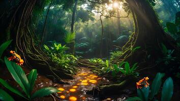 Frog Resting in Lush Rainforest with Glowing Stream and Sunlight photo