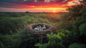 Baby Birds in Nest at Sunset Over Lush Green Landscape photo