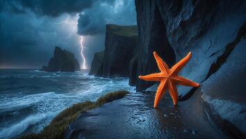 Starfish on Rocky Coastline During Lightning Storm Over the Sea photo