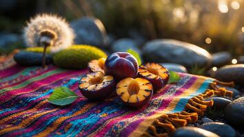 Plum Fruit Halves on Colorful Textile in Nature photo
