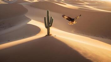 Hawk Flying Over Desert Sand Dunes with Cactus at Sunset photo