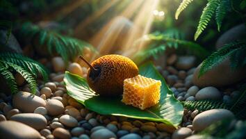 Honey and Fruit on Green Leaf with Sunlight in Jungle Setting photo