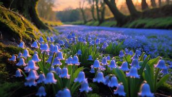 Blooming Spring Bluebells in Forest Glade at Dawn Creating Dreamy Ambiance photo