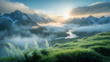 Scenic Mountain Landscape with River, Fog, and Green Meadow at Sunrise photo