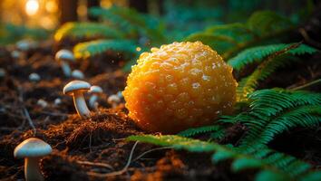 Unusual Orange Fungus Glowing in Forest Setting Surrounded by Mushrooms photo