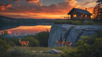 Deer by Log Cabin on Cliff Overlooking Lake at Sunset photo