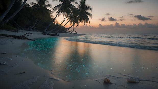 Bioluminescent Water Sparkling on Tropical Beach at Dusk with Palm Trees photo