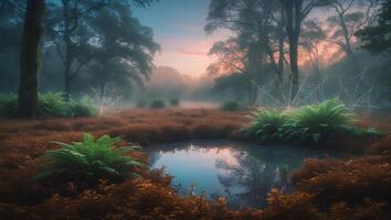 Still Pond Reflecting Misty Forest at Dawn with Cobwebs and Ferns photo