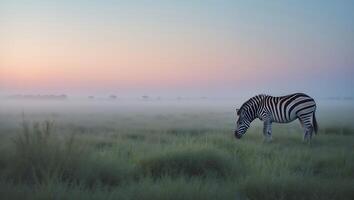 Zebra Grazing in Misty Field at Dawn with Pastel Sky photo