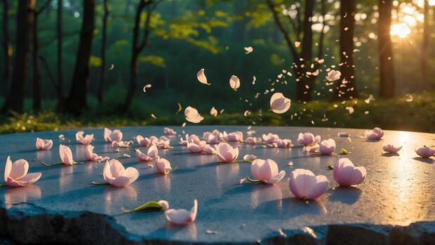 Scattered Petals on Surface with Forest Background and Sunlight photo
