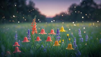 Wildflower Meadow at Dusk with Magical Light in Peaceful Landscape photo