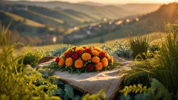 Floral Arrangement on Tablecloth Overlooking Rolling Hills at Sunset photo