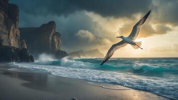 Seagull Soaring Over Ocean Waves Near Rocky Cliffs at Dusk photo