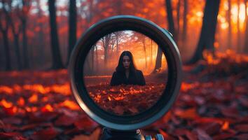 Woman in Autumnal Forest Seen Through Camera Lens with Warm Light photo