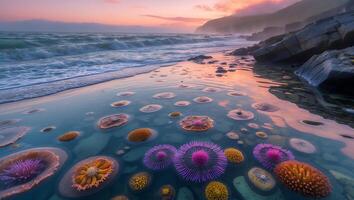 Ocean Shoreline with Colorful Sea Anemones at Sunset Water Reflection photo