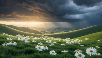 Daisies in Field with Stormy Sky and Sunlight Breaking Through photo