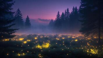 Glowing Field in Foggy Forest at Twilight with Purple Sky photo