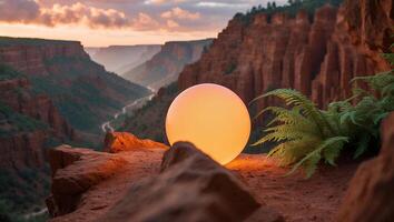 Glowing Sphere on Canyon Edge at Sunset Creates Serene Landscape photo