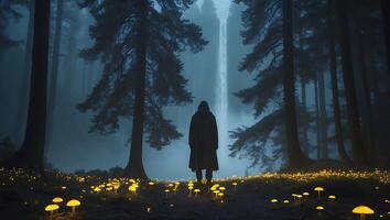 Person in Forest with Glowing Mushrooms and Waterfall Background photo