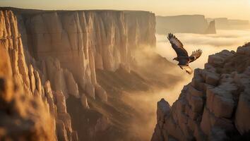 Eagle Soaring Over Canyon Landscape with Fog at Golden Hour photo
