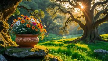Flowers in Pot Adorns Sunlit Field Near Majestic Old Tree photo
