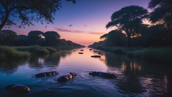 Hippopotamuses Wallowing in River at Dusk with Birds and Trees photo
